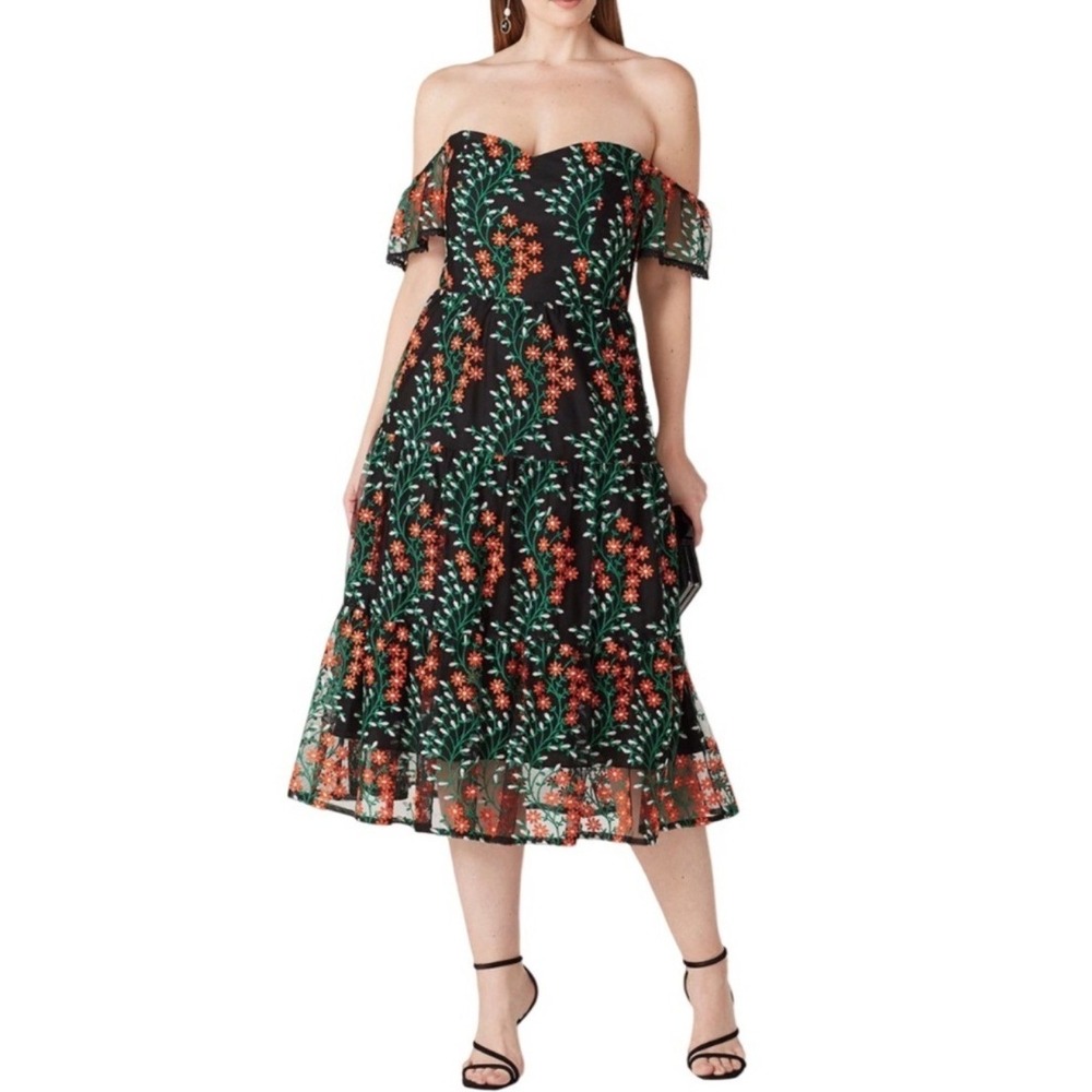 Dress The Population River Midi Dress Black Embroidered Floral Off Shoulder L